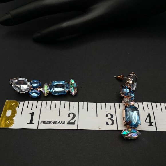 Vintage Blue Aurora Borealis Rhinestone Dangle Pierced Earrings Rose Gold Tone - Picture 6 of 9